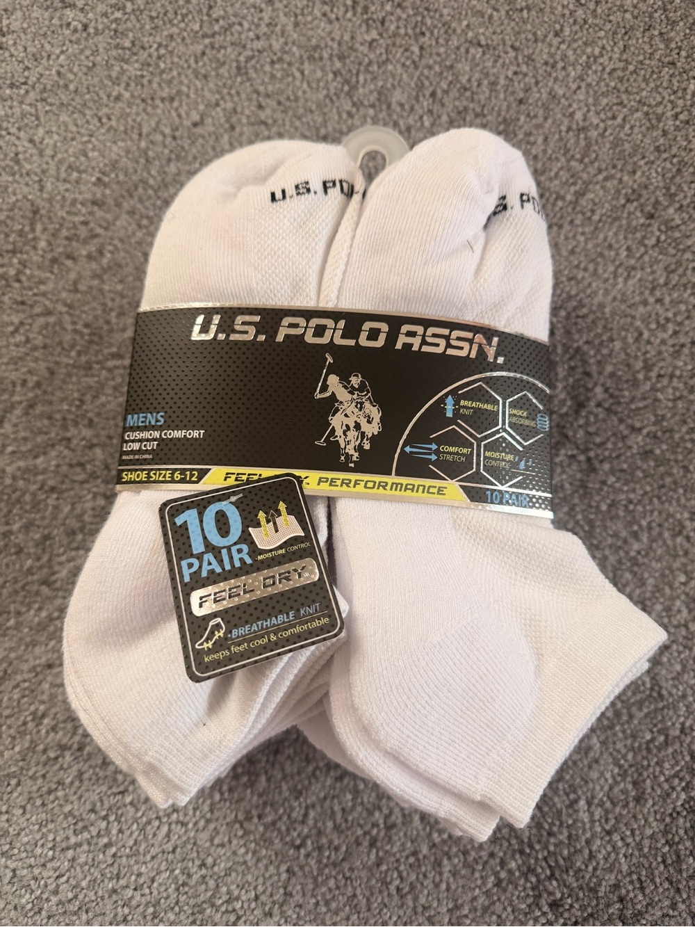 U.S. Polo Assn. Men’s 10-Pack Low Cut Performance Socks White Size 6–12